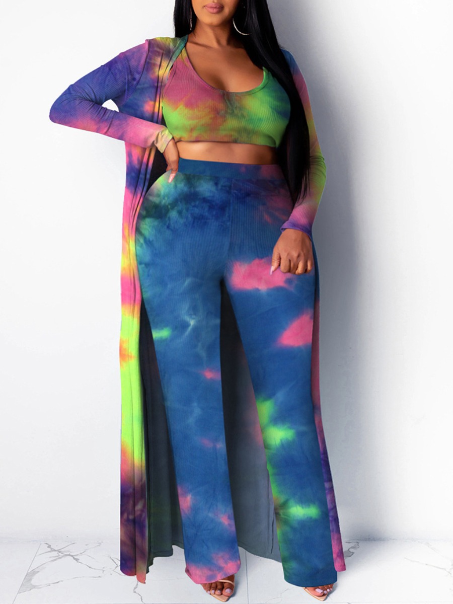 

lovely Stylish U Neck Tie-dye Bue Plus Size Two-piece Pants Set, Blue