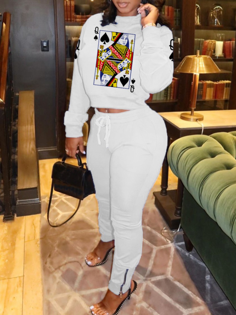 

lovely Leisure O Neck Print Pure White Two Piece Pants Set