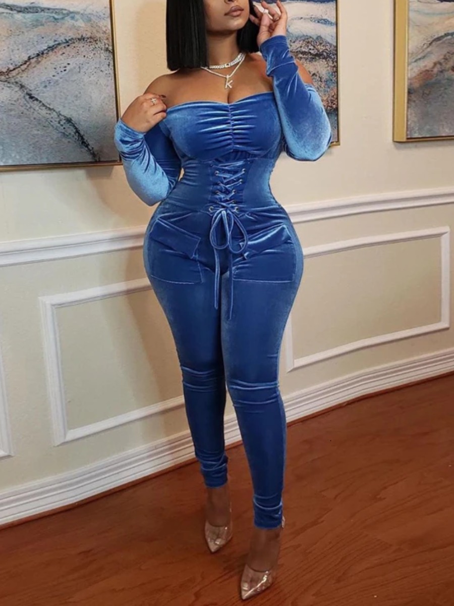 

lovely Stylish Dew Shoulder Fold Design Blue One-piece Jumpsuit