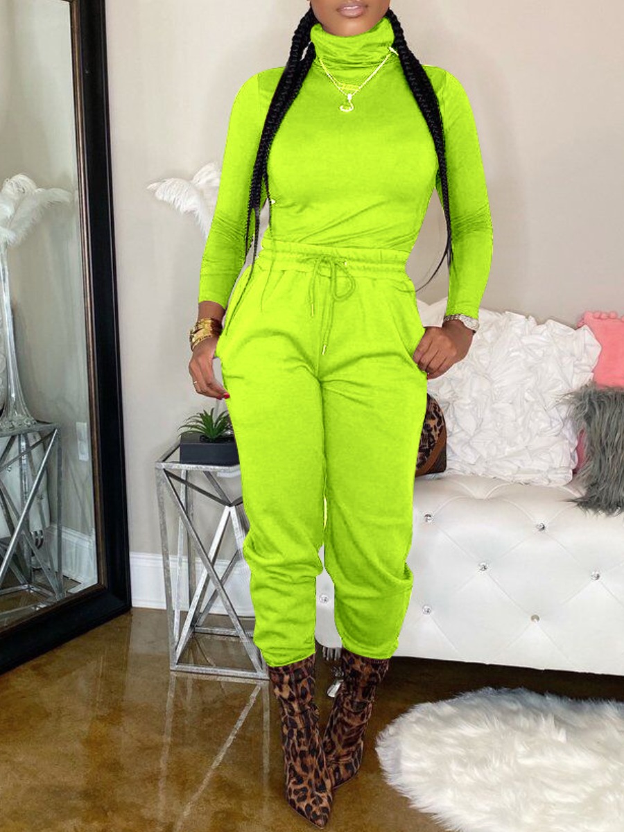 

lovely Sportswear Turtleneck Lace-up Green Two Piece Pants Set