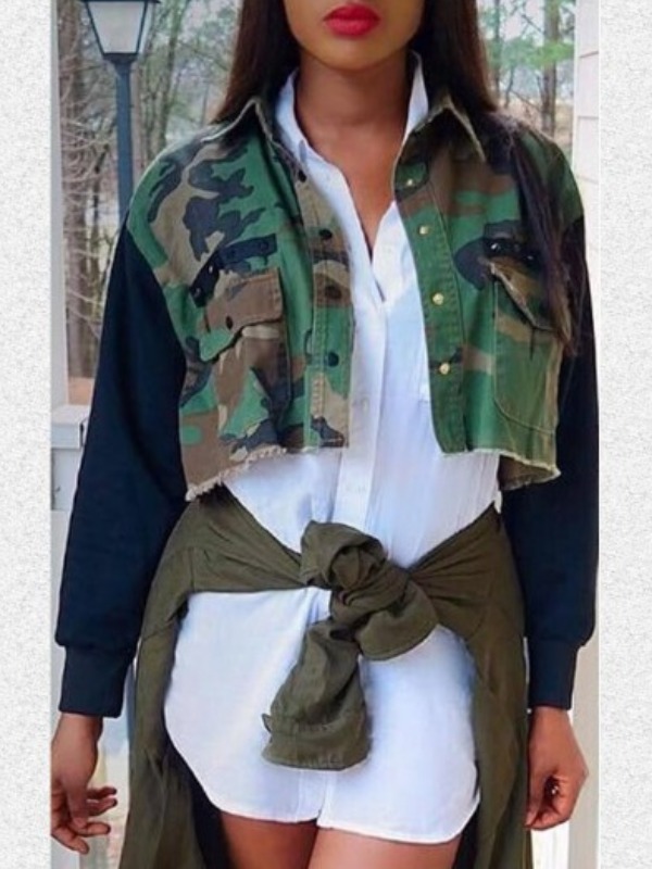 

lovely Street Turndown Collar Camo Print Patchwork Jacket