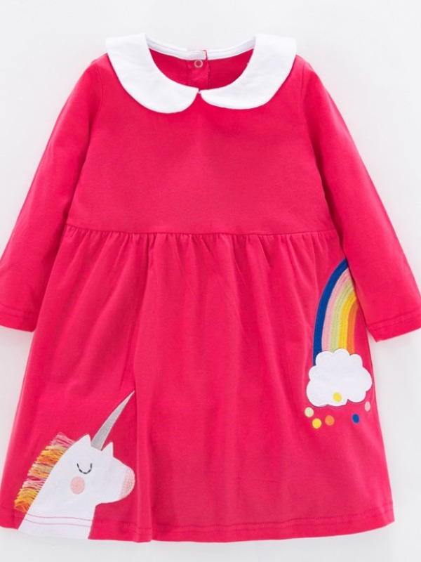 

lovely Casual Turndown Collar Cartoon Print Pink Girl Knee Length Dress