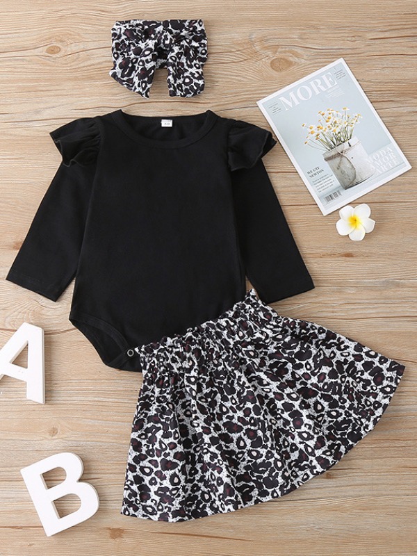 

lovely Stylish O Neck Print Black Girl Two-piece Skirt Set