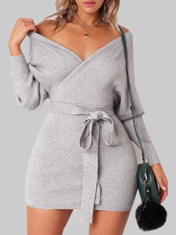 

lovely Casual V Neck Lace-up Grey Mini Plus Size Dress