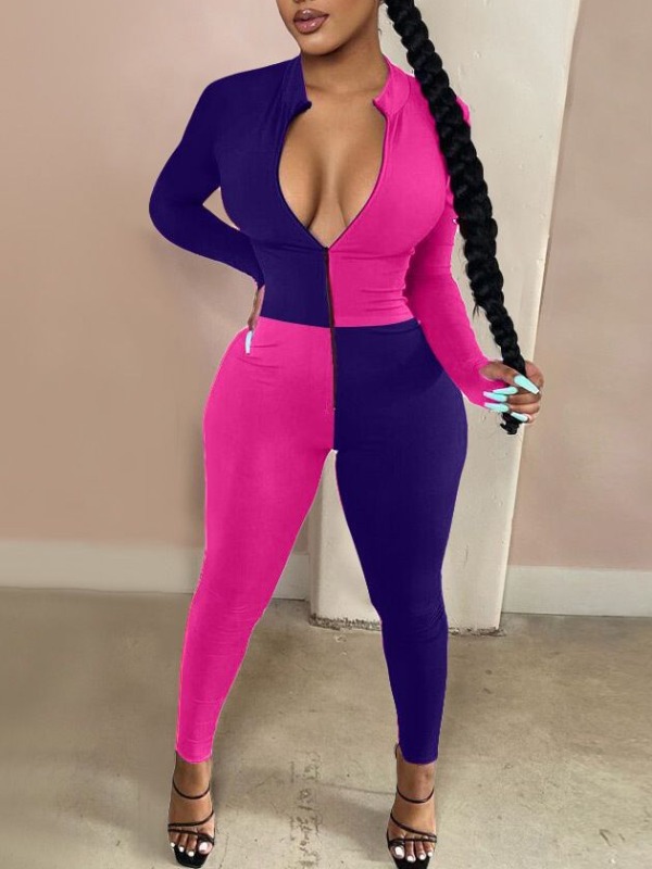 

lovely Stylish Zipper Design Patchwork Purple One-piece Jumpsuit
