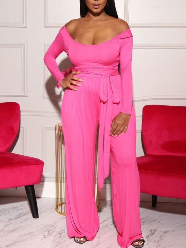 

lovely Sexy Dew Shoulder Rose Red Plus Size Two-piece Pants Set
