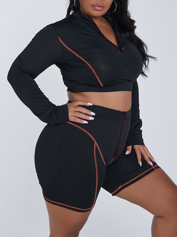 

lovely Sportswear Zipper Design Patchwork Black Plus Size Two-piece Shorts Set