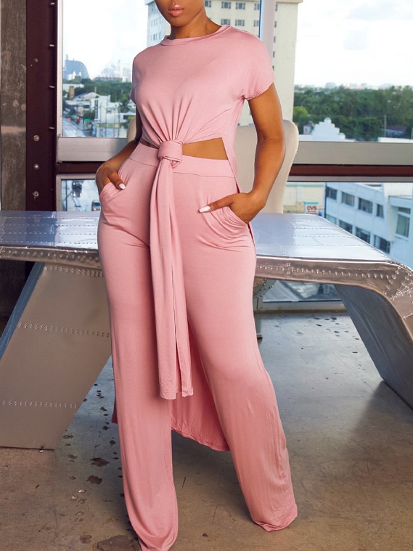 

lovely Casual O Neck Side High Slit Pink Plus Size Two-piece Pants Set