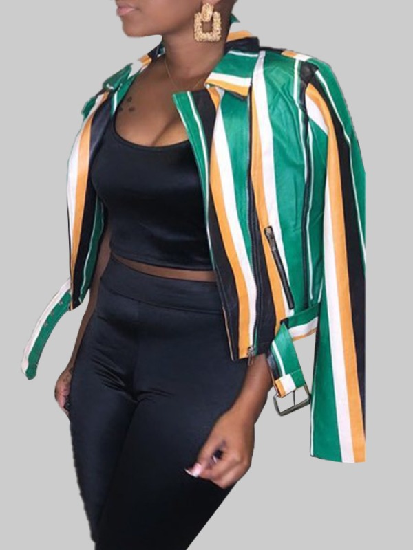 

lovely Stylish Turndown Collar Striped Green Coat