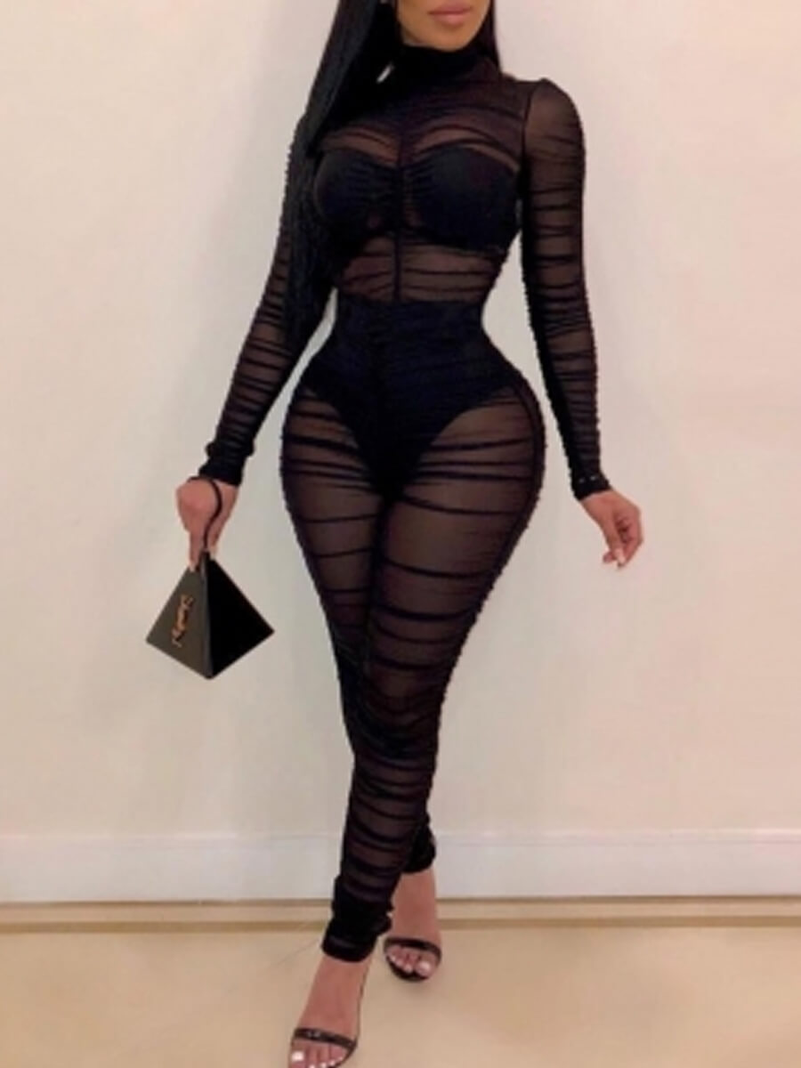 

Lovely Sexy Fold Design See-through Black One-piece Jumpsuit
