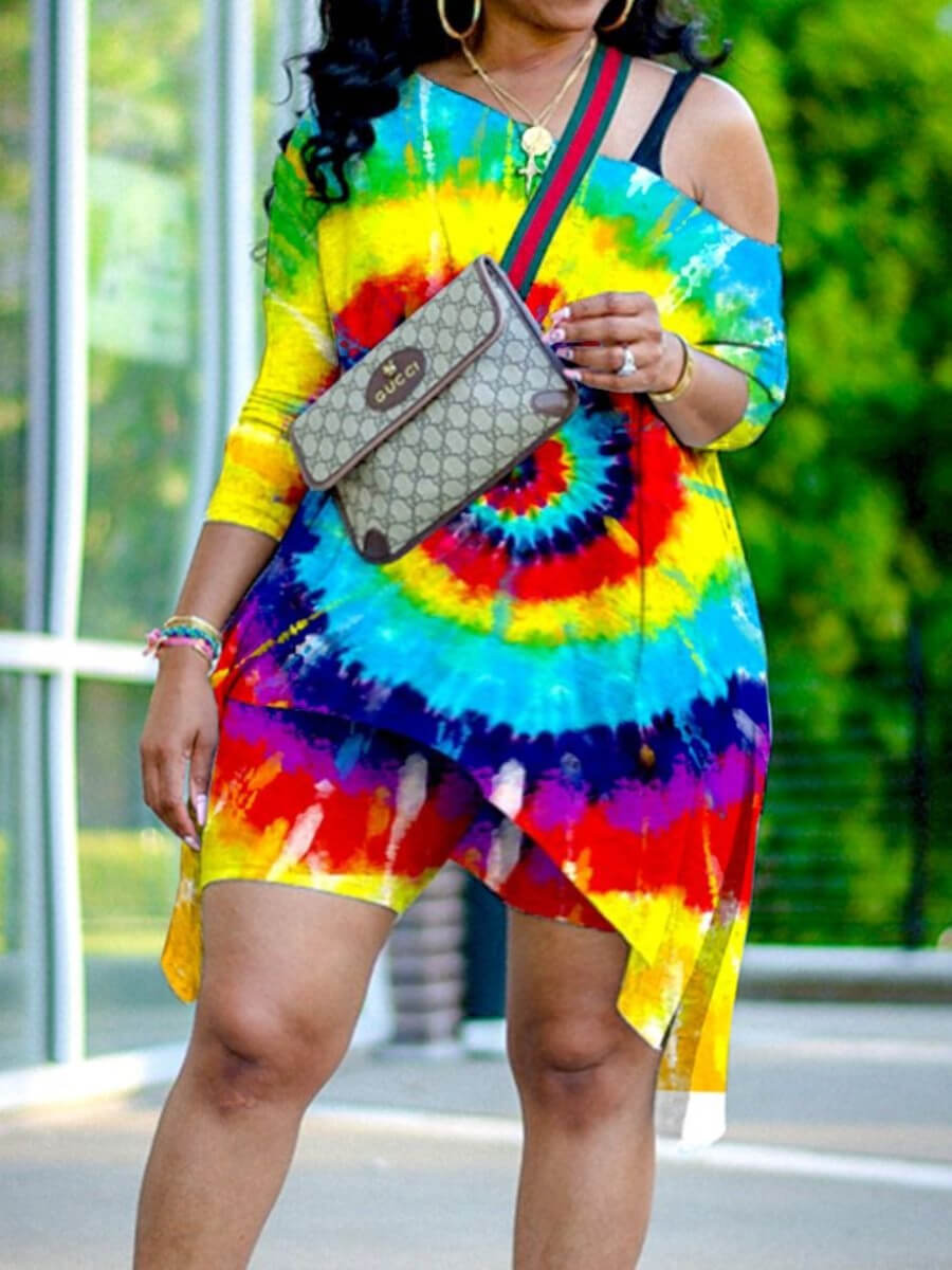 Lovely Casual Tie-dye Asymmetrical Yellow Plus Size Two-piece Shorts Set