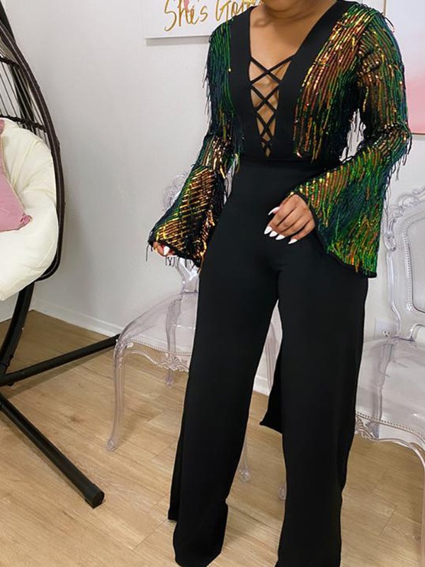 

lovely Casual Sequined Design Black One-piece Jumpsuit