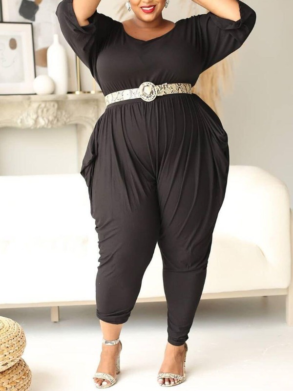 

lovely Casual Three Quarter Sleeve Black Plus Size One-piece Jumpsuit(Without Belt