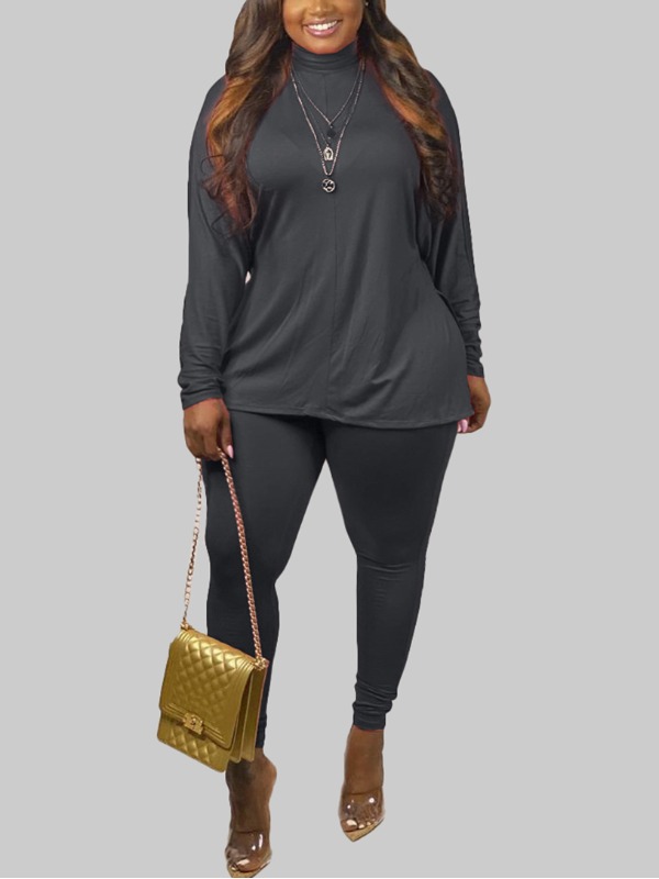 

Lovely Casual Turtleneck Side Slit Black Plus Size Two-piece Pants Set