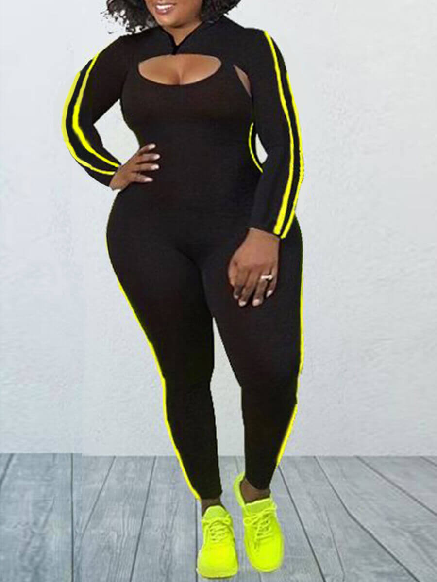 

Lovely Sportswear Patchwork Skinny Black One-piece Jumpsuit