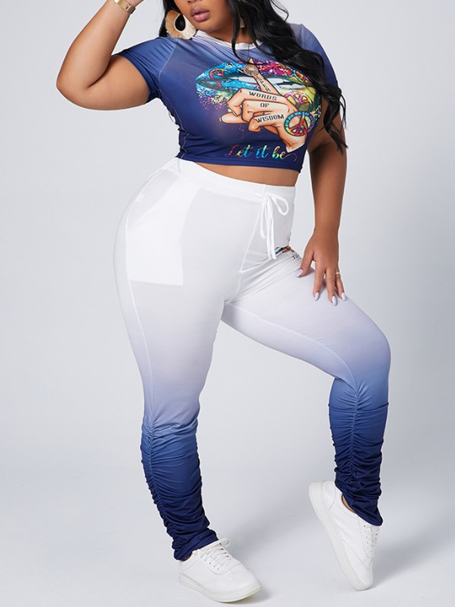 

lovely Sportswear O Neck Lip Print Blue Plus Size Two-piece Pants Set