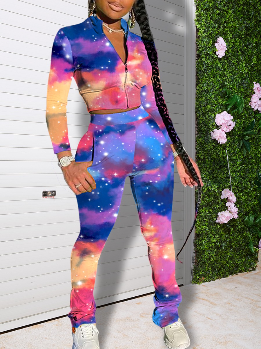 

lovely Trendy Starry Sky Print Zipper Design Purple Two Piece Pants Set(Batch Print