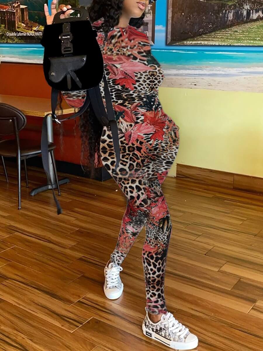 

Lovely Trendy O Neck Leopard Print One-piece Jumpsuit