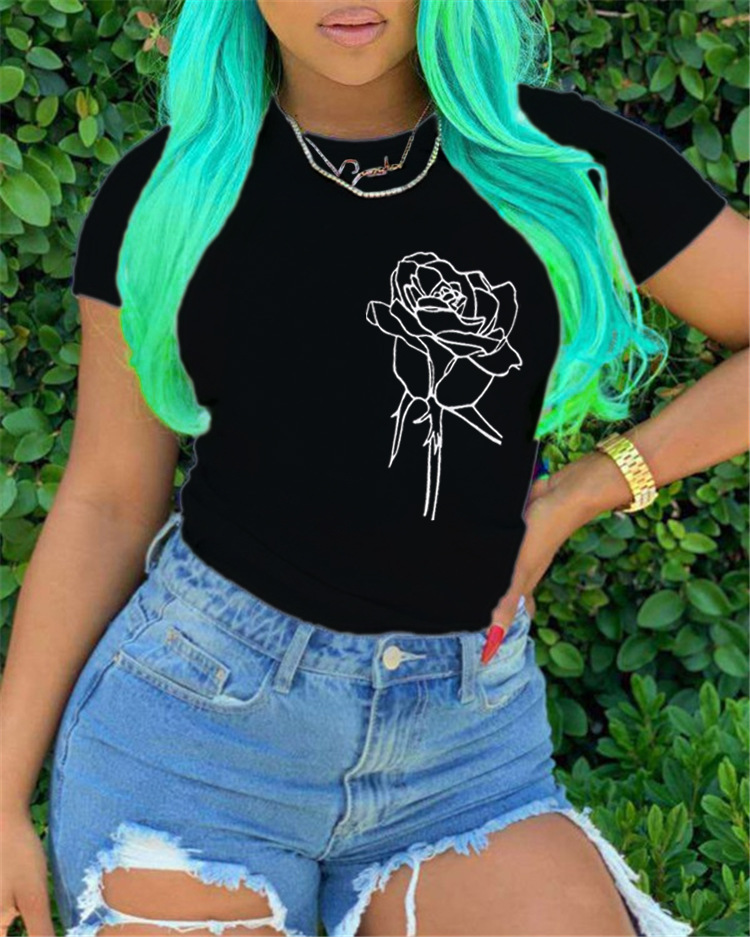 

lovely Casual O Neck Print Black Plus Size T-shirt