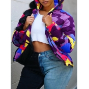 Lovely Sportswear Hooded Collar Camo Print Purple 