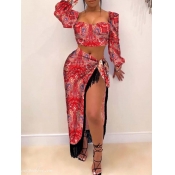 lovely Stylish Print Tassel Design Red Two Piece S