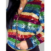 lovely Trendy Sequined Zipper Design Green Jacket