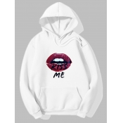 lovely Casual Hooded Collar Lip Print White Hoodie