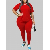 LW Plus Size Casual O Neck Basic Red Two-piece Pan
