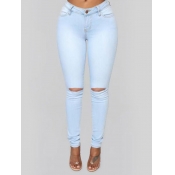 Lovely Stylish Hollow-out Baby Blue Plus Size Jean