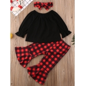 lovely Casual O Neck Grid Print Black Girl Two-pie
