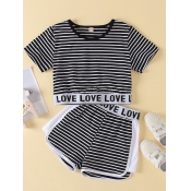 lovely Casual O Neck Striped Print Patchwork Girl 