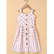 lovely Casual Spaghetti Strap Striped Pink Girl Kn