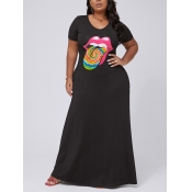 lovely Leisure V Neck Lip Print Black Maxi Plus Si