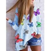 lovely Casual V Neck Butterfly Print White Plus Si