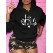 LW Casual Hooded Collar Letter Print Black Hoodie
