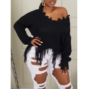 Lovely Leisure V Neck Asymmetrical Black Sweater