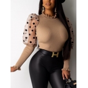 Lovely Sweet Dot Patchwork Khaki Blouse
