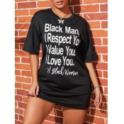LW Leisure O Neck Letter Print Black Mini Dress