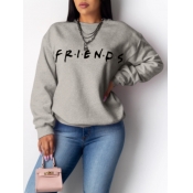 Lovely Casual O Neck Letter Print Grey Hoodie