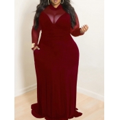 lovely Casual See-through Patchwork Wine Red Maxi 
