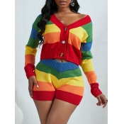 Lovely Stylish V Neck Rainbow Striped Multicolor T