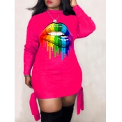 Lovely Casual O Neck Print Rose Red Mini Dress