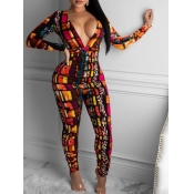 lovely Trendy Deep V Neck Print Red One-piece Jump