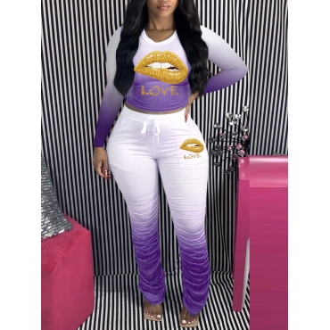 

LW Sportswear O Neck Lip Print Fold Design Purple Two Piece Pants Set