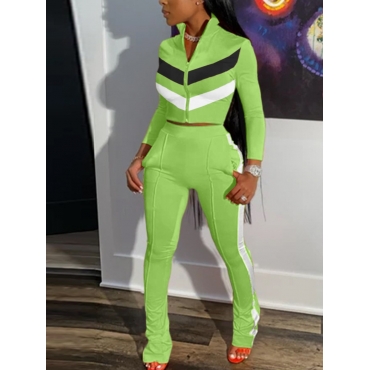 

LW Sportswear Zipper Design Patchwork Light Green Two Piece Pants Set