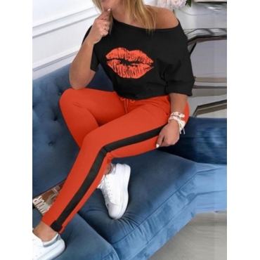 

Lovely Plus Size O Neck Lip Print Patchwork Pants Set, Croci