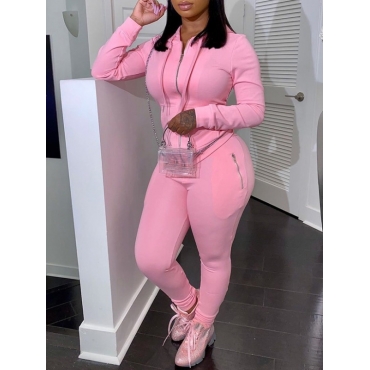 

LW Hooded Collar Zipper Design Tracksuit Pants Set, Pink
