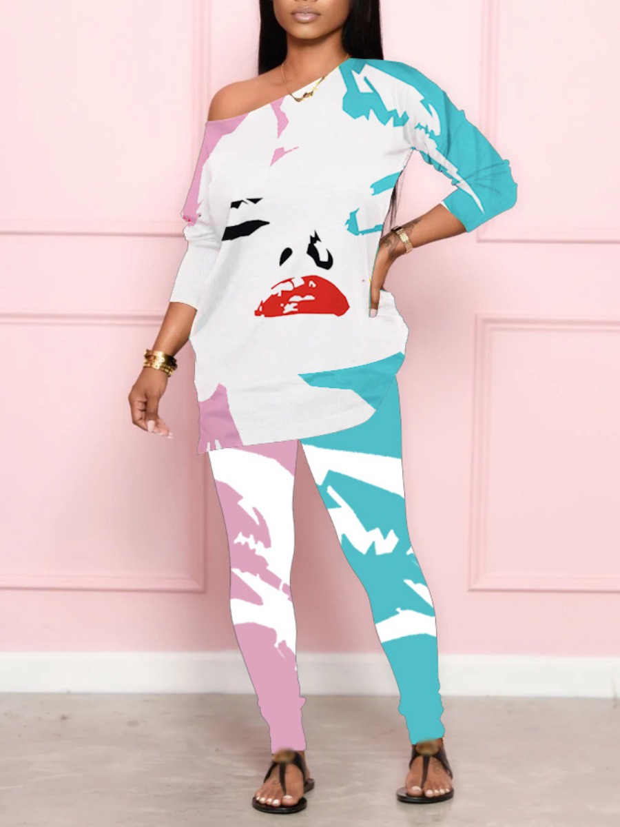 

lovely Leisure O Neck Print Blue Two Piece Pants Set