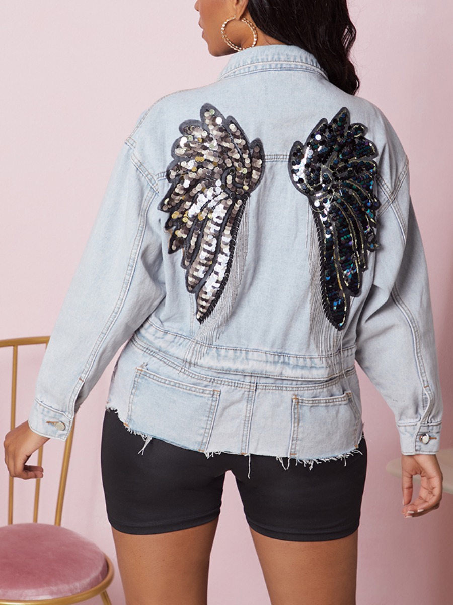 

Lovely Casual Turndown Collar Wing Sequined Blue Denim Jacket