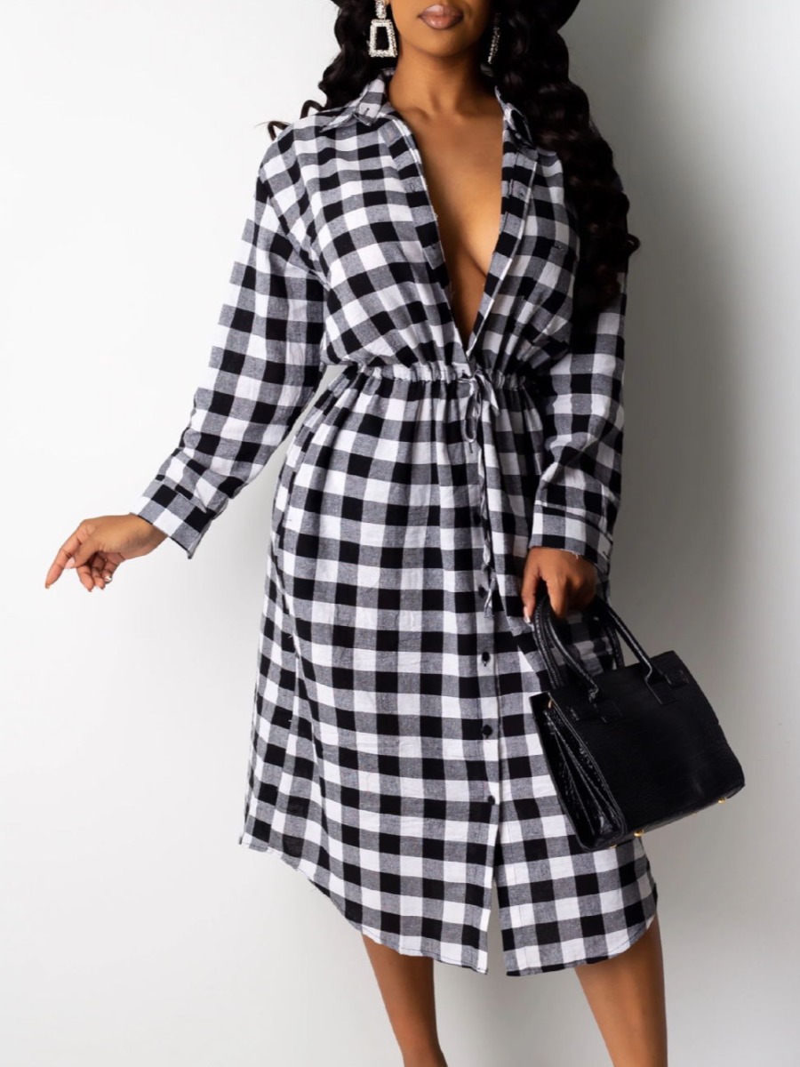 

lovely Trendy Turndown Collar Grid Print Black And White Mid Calf Dress